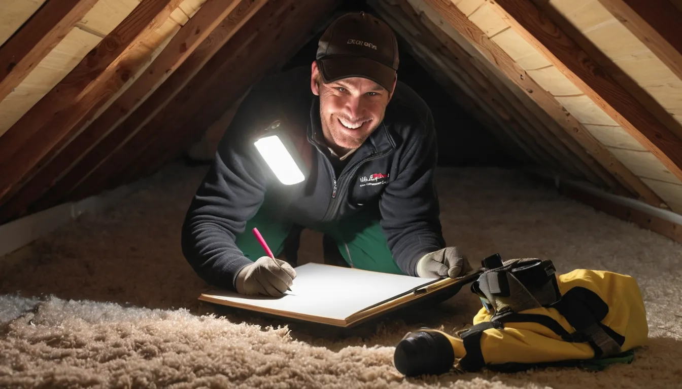 Friendly home inspector checking an attic roofline for animal entry points near Birmingham